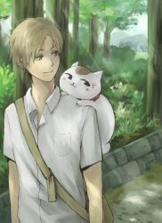  1boy animal animal_on_shoulder bag brown_hair cat_on_shoulder choushi commentary_request feline messenger_bag natsume_takashi natsume_yuujinchou nyanko-sensei path photoshop_(medium) retaining_wall road shoulder_bag tree 