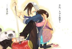  1boy animal backpack bag blue_eyes brown_hair coat dress elle_mel_martha feline female frills hat hug long_hair ludger_will_kresnik lulu_(tales) lulu_(tales_of_xillia_2) multicolored_hair pants shoes tales_of_(series) tales_of_xillia tales_of_xillia_2 twintails 