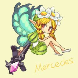  bare_legs blonde_hair braid butterfly_wings chan_co character_name chibi commentary_request crossbow crystal fairy female flower full_body head_wreath insect_wings long_hair mercedes_(odin_sphere) odin_sphere pointy_ears puff_and_slash_sleeves puffy_pants puffy_sleeves red_eyes simple_background slippers solo twin_braids weapon wings 