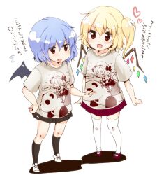  2girls bad_id bad_pixiv_id bat_wings black_socks blonde_hair blue_hair blush clothes_writing dress flandre_scarlet kneehighs multiple_girls no_headwear oerba_yun_fang open_mouth panda photoshop_(medium) red_eyes remilia_scarlet shirt short_hair side_ponytail smile socks thighhighs touhou translated truth white_thighhighs wings yukiu_con 