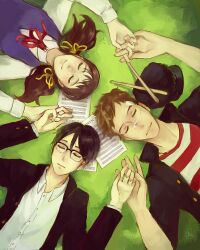  2boys black_hair brown_hair cabbie_hat choushi circle_formation closed_eyes commentary_request drumsticks female freckles glasses hat kawabuchi_sentarou lying mukae_ritsuko multiple_boys nishimi_kaoru on_back photoshop_(medium) sakamichi_no_apollon sheet_music shirt striped_clothes striped_shirt twintails 