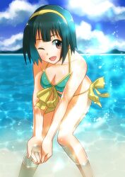  ;d bad_id bad_pixiv_id bikini breasts brown_eyes cleavage female green_hair hairband halterneck idolmaster idolmaster_(classic) leaning medium_breasts mole mole_under_mouth one_eye_closed open_mouth otonashi_kotori photoshop_(medium) side-tie_bikini_bottom smile solo sonsoso string_bikini swimsuit 