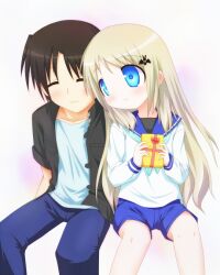  1boy bad_id bad_pixiv_id bat_hair_ornament black_hair blonde_hair blue_eyes casual closed_eyes female fuyuno_(ramentaro23) gift hair_ornament little_busters! long_hair naoe_riki noumi_kudryavka sailor_collar short_hair 