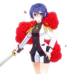  aiguillette blue_eyes blue_hair commentary_request cosplay epaulettes female flower highres k-a-i persona persona_4 red_flower red_rose rose shirogane_naoto short_hair shoujo_kakumei_utena shoujo_kakumei_utena_adolescence_mokushiroku solo sword sword_of_dios tenjou_utena tenjou_utena_(cosplay) weapon 