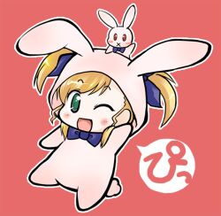  animal_costume commentary_request female green_eyes kuromitu_(kageneko) looking_at_viewer lyrical_nanoha mahou_shoujo_lyrical_nanoha_vivid one_eye_closed open_mouth rabbit_costume sacred_heart simple_background smile solo vivio 