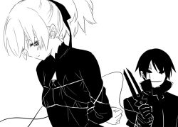  1boy arms_behind_back blush bondage commentary_request darker_than_black female greyscale hei_(darker_than_black) kani_biimu mask monochrome simple_background straight weapon white_background yin_(darker_than_black) 