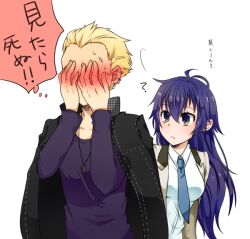  1boy ? aged_up blonde_hair blue_eyes blue_hair blush commentary_request covering_face ear_blush ear_piercing female formal jacket jacket_on_shoulders k-a-i long_hair necktie pants persona persona_4 persona_x_detective piercing scar shirogane_naoto short_hair so_moe_i&#039;m_gonna_die! suit tatsumi_kanji translated 