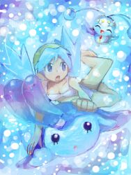  alternate_costume antennae blue_hair closed_eyes dive_(pokemon) diving female kris_(pokemon) manaphy mantyke mizu_chi pokemon pokemon_(creature) pokemon_gsc pokemon_move riding riding_pokemon surprised swimming tegaki twintails underwater water 