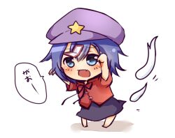  blue_eyes blue_hair blush chibi commentary_request female hat hat_ornament miyako_yoshika oerba_yun_fang ofuda open_mouth solo star_(symbol) star_hat_ornament tosura-ayato touhou white_background 