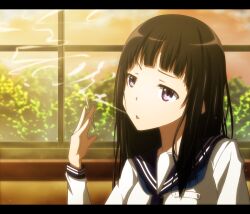  black_hair chitanda_eru cigarette commentary_request female hyouka kamiyama_high_school_uniform_(hyouka) letterboxed long_hair purple_eyes school_uniform serafuku smoke smoking solo xxxx 