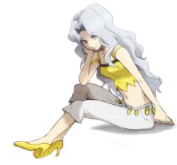  ang bare_arms bare_shoulders blue_eyes blue_hair breasts camisole capri_pants cleavage commentary_request crop_top female full_body grey_eyes head_rest high_heels karen_(pokemon) leaning light_blue_hair long_hair midriff navel pants parted_bangs pokemon pokemon_hgss shadow shirt shoes sitting small_breasts smile solo spaghetti_strap strap_slip wavy_hair white_hair white_pants yellow_camisole yellow_footwear yellow_shirt 