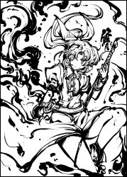  belt bow commentary_request female greyscale hairbow long_hair monochrome photoshop_(medium) ponytail scabbard sheath sheathed skirt solo sword tokiame touhou watatsuki_no_yorihime weapon 