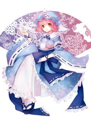  bad_id bad_pixiv_id female goshoguruma hat hexagon hitodama japanese_clothes pink_hair red_eyes saigyouji_yuyuko saigyouji_yuyuko&#039;s_fan_design satonishi shippou_(pattern) short_hair sitting smile solo touhou triangular_headpiece 