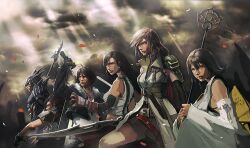  &eacute;clair_farron 3boys 3girls armor belt brown_hair cloud commentary_request detached_sleeves dissidia_012_final_fantasy dissidia_final_fantasy elbow_gloves elbow_pads final_fantasy final_fantasy_iv final_fantasy_vii final_fantasy_viii final_fantasy_x final_fantasy_xiii fingerless_gloves gloves group_picture group_profile gunblade helmet in-franchise_crossover jacket jewelry kain_highwind light_rays lineup long_hair longai miniskirt multiple_boys multiple_girls necklace petals photoshop_(medium) pink_hair profile shoulder_pads skirt sleeveless sleeveless_turtleneck squall_leonhart staff sunbeam sunlight suspenders sword tape tifa_lockhart turtleneck weapon yuna_(ff10) zack_fair 