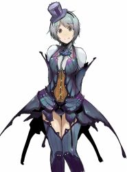  blue_hair blue_thighhighs bnahabra_(armor) brown_eyes carlos_toshiki closed_mouth commentary_request female hat mini_hat mini_top_hat monster_hunter_(character) monster_hunter_(series) monster_hunter_portable_3rd short_hair simple_background smile solo thighhighs top_hat white_background 