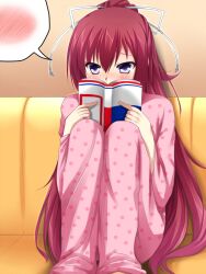  11eyes bad_id bad_pixiv_id blue_eyes blush book covering_own_mouth embarrassed female hair_ribbon kusakabe_misuzu long_hair open_book pajamas pink_pajamas polka_dot polka_dot_pajamas reading red_hair ribbon sitting solo spoken_blush very_long_hair yappen 