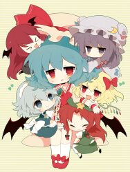  &gt;_&lt; 6+girls :&gt; :d ^_^ apron bad_id bad_pixiv_id bat_wings beret blonde_hair blue_eyes bow braid brooch chibi chibi_on_head china_dress chinese_clothes closed_eyes coat crescent dress flandre_scarlet grey_hair group_hug hair_ribbon hairbow happy haru_(kyou) hat hat_ribbon head_wings heart hong_meiling hug izayoi_sakuya jewelry koakuma long_hair maid maid_headdress multiple_girls no_headwear oerba_yun_fang on_head open_clothes open_coat open_mouth patchouli_knowledge person_on_head purple_eyes purple_hair red_eyes red_hair remilia_scarlet ribbon shirt short_hair skirt skirt_set smile star_(symbol) striped_clothes striped_dress touhou twin_braids waist_apron wings wrist_cuffs xd 