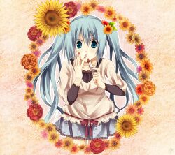  :o applying_makeup aqua_eyes aqua_hair bad_id bad_pixiv_id beige_background beige_shirt blush cosmetics cowboy_shot female flower flower_border grey_skirt hair_flower hair_ornament hand_on_own_cheek hand_on_own_face hatsune_miku highres holding holding_lipstick_tube lace-trimmed_sleeves lace_trim layered_sleeves leaning_forward lipstick lipstick_tube long_hair long_sleeves makeup miniskirt mizuki_hau nail_polish open_mouth polka_dot polka_dot_shirt print_skirt red_nails shirt short_over_long_sleeves short_sleeves skirt solo sunflower twintails very_long_hair vocaloid wide-eyed 