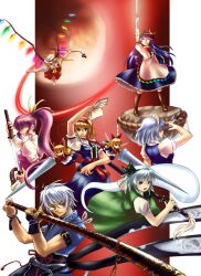  1boy 6+girls alice_margatroid ascot belt blonde_hair blue_eyes blue_hair bow braid card closed_eyes commentary_request crystal doll flandre_scarlet food fruit gauntlets ghost green_eyes hairband hairbow hat highres hinanawi_tenshi hitodama izayoi_sakuya keystone knife konpaku_youmu konpaku_youmu_(ghost) laevatein_(touhou) lance long_hair long_skirt moon morichika_rinnosuke multiple_girls open_mouth peach polearm ponytail purple_hair red_eyes red_moon red_sky rock scabbard shanghai_doll sheath sheathed short_hair short_sleeves side_ponytail skirt sky stance sword sword_of_hisou sword_of_kusanagi touhou twin_braids unsheathing very_long_hair watatsuki_no_yorihime weapon white_hair wings wys_1981 yellow_eyes yin_yang 