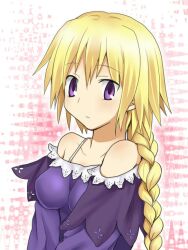  bare_shoulders blonde_hair braid breasts casual commentary_request dress fate/apocrypha fate_(series) female jeanne_d&#039;arc_(fate) jeanne_d&#039;arc_(ruler)_(fate) long_hair medium_breasts nahori_(hotbeans) purple_eyes single_braid solo strap 