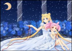  2girls back_bow bad_id bad_pixiv_id barefoot bishoujo_senshi_sailor_moon blonde_hair blue_eyes bow chibi_usa cone_hair_bun crescent crescent_facial_mark crescent_moon double_bun dress facial_mark forehead_mark gown hair_bun hair_ornament hairpin long_hair lyra-kotto moon mother_and_daughter multiple_girls night pink_hair princess princess_serenity puffy_sleeves red_eyes short_hair sitting small_lady_serenity smile starry_moon string tsukino_usagi twintails white_dress 