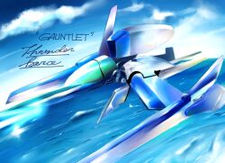  canopy_(aircraft) cevoy character_name cloud commentary_request flying mecha no_humans ocean photoshop_(medium) robot rvr-01_gauntlet sky spacecraft starfighter thunder_force thunder_force_v 