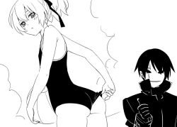  1boy adjusting_clothes adjusting_swimsuit ass commentary_request competition_school_swimsuit darker_than_black female flat_chest greyscale hei_(darker_than_black) kani_biimu looking_at_viewer looking_back mask monochrome one-piece_swimsuit school_swimsuit short_hair simple_background swimsuit thumbs_up white_background yin_(darker_than_black) 