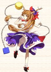  bad_id bad_pixiv_id ball_and_chain_restraint bloomers bow brown_hair chains commentary_request cube egawa_satsuki female hairbow horns ibuki_suika long_hair looking_back low-tied_long_hair pyramid_(geometry) red_eyes skirt sleeveless solo touhou underwear wrist_cuffs 