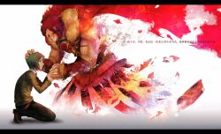  2boys armor bad_id bad_pixiv_id beard cape chinese_text closed_eyes crying dissolving facial_hair fate/zero fate_(series) green_eyes green_hair grin highres injury iskandar_(fate) kneeling letterboxed long_sleeves male_focus multiple_boys necktie red_hair scar smile translated waver_velvet zkxandy 