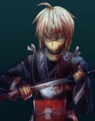  1boy ahoge bad_id bad_pixiv_id belt blood blood_in_hair blood_on_clothes blood_on_face blood_on_weapon choker glasses green_background katana long_sleeves male_focus morichika_rinnosuke photoshop_(medium) pi_kuro pouch rag reverse_grip simple_background solo sword touhou weapon white_hair wiping yellow_eyes 