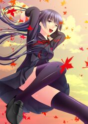  alternate_legwear bad_id bad_pixiv_id black_hair black_serafuku black_thighhighs breasts female hime_cut kanoe_yuuko leaf long_hair medium_breasts open_mouth photoshop_(medium) pleated_skirt school_uniform serafuku skirt smile solo sunset tasogare_otome_x_amnesia thighhighs toshi_(1-147) 