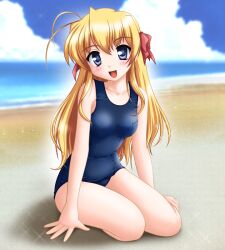  beach blonde_hair blue_eyes commentary_request day female fortune_arterial long_hair neopure one-piece_swimsuit photoshop_(medium) ribbon school_swimsuit sendou_erika solo swimsuit 