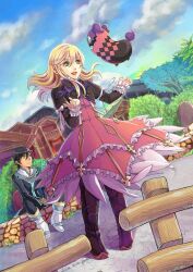  1boy argyle artist_name black_hair blonde_hair boots commentary_request dated dress elize_lutus female fence green_eyes highres jude_mathis photoshop_(medium) purple_footwear sitting standing tales_of_(series) tales_of_xillia teepo_(tales) tree yellow_eyes youhe_qri 