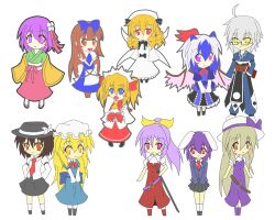  1boy 6+girls ahoge animal_ears ascot bird_wings blonde_hair blue_eyes blue_hair blush_stickers book bow brown_eyes brown_hair capelet chibi commentary_request fairy fairy_wings flower glasses grey_hair hair_ornament hairbow hat hat_bow head_wings hieda_no_akyuu horns japanese_clothes kimono long_sleeves luna_child maribel_hearn miniskirt morichika_rinnosuke multicolored_hair multiple_girls necktie open_mouth orange_eyes pink_hair ponytail pouch purple_eyes purple_hair rabbit_ears red_eyes reisen_(touhou_bougetsushou) sheath sheathed shippuu_(sippu01) skirt smile star_sapphire sunny_milk sword tokiko_(touhou) touhou twintails two-tone_hair usami_renko watatsuki_no_toyohime watatsuki_no_yorihime weapon white_hair wings yellow_eyes 