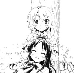  2girls akiyama_mio blush commentary_request greyscale hair_down hairband k-on! monochrome multiple_girls nome_(nnoommee) sakuragaoka_high_school_uniform school_uniform tainaka_ritsu uniform unworn_hairband unworn_headwear yuri 