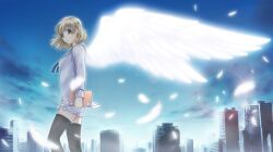  angel angel_wings blonde_hair blue_eyes earrings feathered_wings feathers female game_cg highres ishii_hisao jewelry raziel_(tokyo_babel) ruins solo tablet_pc thighhighs tokyo_babel wings zettai_ryouiki 