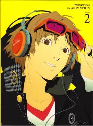  1boy absurdres brown_eyes brown_hair glasses hanamura_yousuke headphones highres jacket looking_at_viewer male_focus official_art persona persona_4 photoshop_(medium) portrait scan school_uniform simple_background smile soejima_shigenori solo 