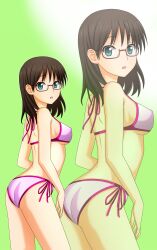  :o aqua_eyes ass bikini brown_hair commentary_request female glasses gradient_background halterneck highres kenken open_mouth pink_bikini sakuma_rinko side-tie_bikini_bottom solo strap_gap swimsuit yondemasu_yo_azazel-san. zoom_layer 