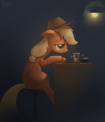  2012 alcohol applejack_(mlp) beer better_version_at_source beverage black_background blonde_hair bluedrg bodily_fluids clothing container cowboy_hat crying cup cutie_mark depression earth_pony equid equine female feral food friendship_is_magic fur furniture green_eyes hair hasbro hat headgear headwear horse light_bulb mammal my_little_pony orange_body orange_fur pony simple_background sitting solo stool table tears 