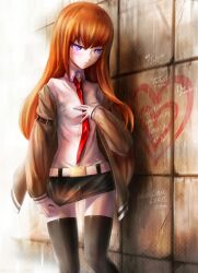  alternate_legwear brown_hair commentary_request female graffiti heart legs long_hair makise_kurisu md5_mismatch miniskirt necktie photoshop_(medium) red_necktie resolution_mismatch skirt solo source_larger steins;gate tabix0819 text_focus thighhighs wall 