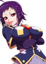  :p bandaid breasts commentary_request crossed_arms female highres impossible_clothes impossible_shirt large_breasts mattari_yufi medaka_box naze_youka red_eyes school_uniform shirt short_hair solo tongue tongue_out 