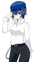  belt blue_eyes blue_hair cabbie_hat commentary_request dress_shirt female hat k-a-i looking_at_viewer pants persona persona_4 shirogane_naoto shirt short_hair solo 