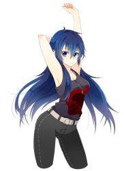  aged_up arm_behind_head arm_up armpits belt blue_hair breasts cleavage commentary_request cosplay cowboy_shot cropped_legs female k-a-i long_hair medium_breasts pants persona persona_4 persona_x_detective purple_eyes shirogane_naoto solo tank_top tatsumi_kanji tatsumi_kanji_(cosplay) 