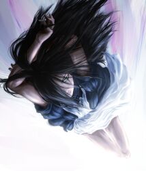  alice:_madness_returns alice_liddell_(american_mcgee&#039;s_alice) american_mcgee&#039;s_alice arms_up black_hair ceramic_man commentary_request dress dutch_angle falling female foreshortening green_eyes hair_over_one_eye highres lips long_hair looking_at_viewer solo 