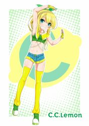  amau_(artist) amau_(kosmos) blonde_hair boots c.c._lemon c.c._lemon_(character) english female gloves green_eyes grin hair_ribbon high_heels long_hair navel original platform_footwear ponytail ribbon shoes short_shorts shorts smile solo tank_top thighhighs yellow_gloves yellow_legwear 