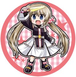  arm_up black_footwear black_gloves blue_eyes bow brunzel chibi commentary_request corona_timir female fingerless_gloves frills gloves hairbow holding holding_weapon kuromitu_(kageneko) long_hair lyrical_nanoha mahou_shoujo_lyrical_nanoha_vivid no_nose open_mouth outline pink_bow polka_dot polka_dot_bow round_image smile solo standing star_(symbol) twintails v-shaped_eyebrows very_long_hair weapon white_outline 