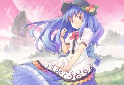  blue_hair bow cloud colored_eyelashes commentary_request fantasy female food fruit grass hinanawi_tenshi kanini long_hair moon mountain multiple_moons open_mouth peach petals red_eyes red_sky shirt skirt sky solo touhou wind 