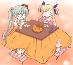  2girls ^_^ blush closed_eyes commentary_request einhard_stratos kotatsu kuromitu_(kageneko) long_hair lyrical_nanoha mahou_shoujo_lyrical_nanoha_vivid multiple_girls smile table vivio 