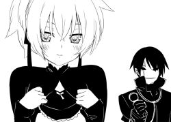  1boy blush clothes_lift commentary_request darker_than_black dress dress_lift female greyscale hei_(darker_than_black) kani_biimu looking_at_viewer mask monochrome ribbon short_hair simple_background stethoscope white_background yin_(darker_than_black) 