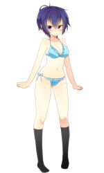  blue_bra blue_eyes blue_hair blush bra breasts cleavage commentary_request female k-a-i medium_breasts navel panties persona persona_4 shirogane_naoto short_hair side-tie_panties socks solo underwear underwear_only 